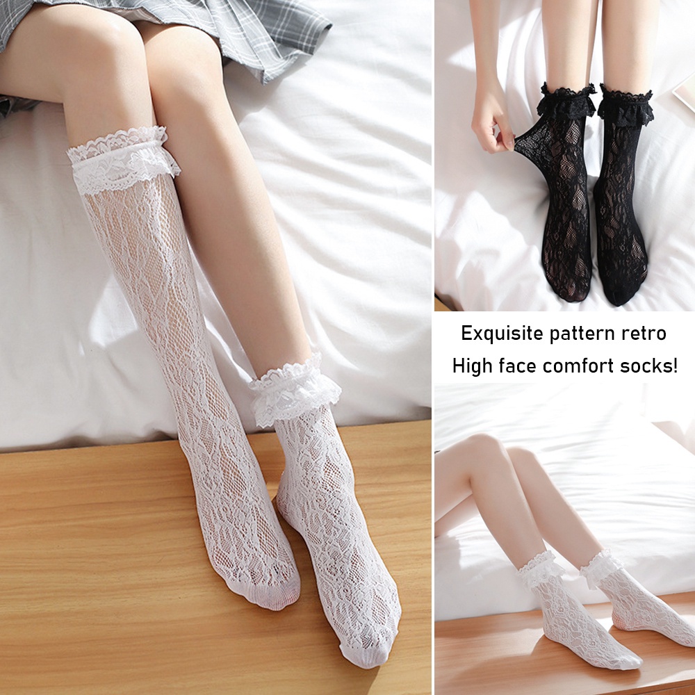 Vớ cổ cao tới đầu gối nylon co giãn xuyên thấu vải ren nhún bèo phong cách lolita thời trang dành cho nữ