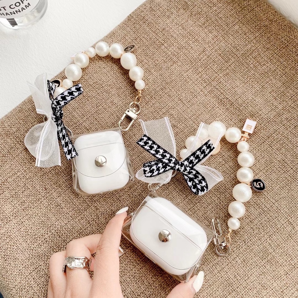 Vỏ bảo vệ hộp sạc tai nghe TPU mềm phối chuỗi ngọc trai nhỏ xinh thích hợp cho Airpods 1/ 2/ Pro
