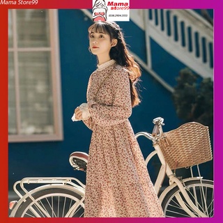 Váy Bầu Dài Tay Thu Đông. Đầm Bầu Thiết Kế Công Sở Cổ Ren Hoa Nhí Dài Tay Dáng Dài Kèm Đai Thắt V005 MAMA STORE99