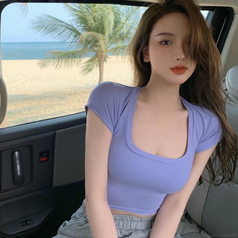 Áo Thun Tay Ngắn Cổ Chữ U Màu Sắc Đơn Giản Cho Nữ | BigBuy360 - bigbuy360.vn