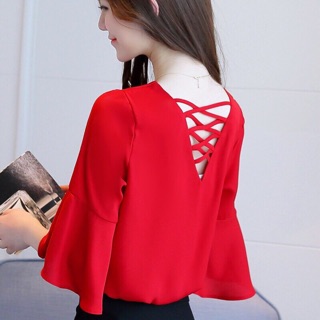 Áo Kiểu Nữ Đan Dây Sau Lưng Tay Loe Đơn Giản Mà Đẹp