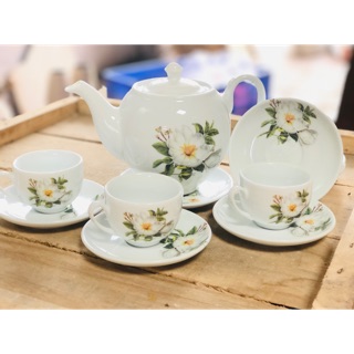 (Mới nhất) Bộ ấm chén cao cấp siêu sang Bát Tràng với hoạ tiết hoa trà xanh