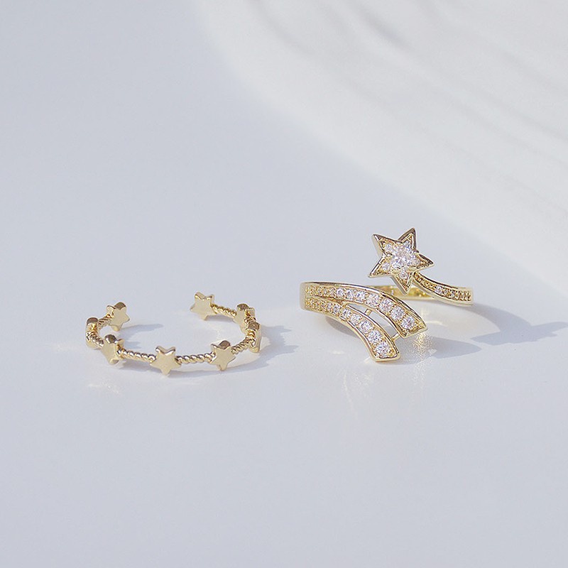 Nhẫn Hở Thiết Kế Ngôi Sao Sao Băng Lấp Lánh Dễ Điều Chỉnh CZ 14K Thật Cho Nữ