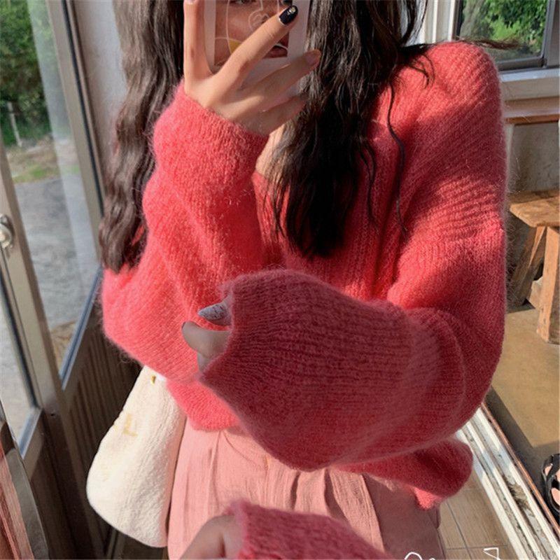 Áo len tay dài cổ V form rộng màu trơn phong cách thời trang Hàn Quốc