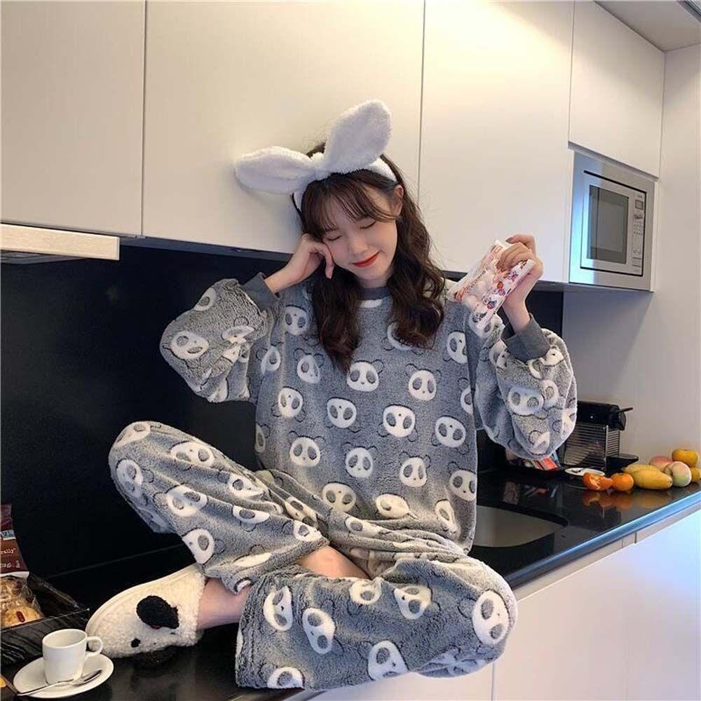 SOMEDAYZL Bộ Đồ Ngủ Dáng Rộng In Hình Gấu Trúc Kiểu Hàn Quốc Thời Trang Thu Đông Cho Nữ