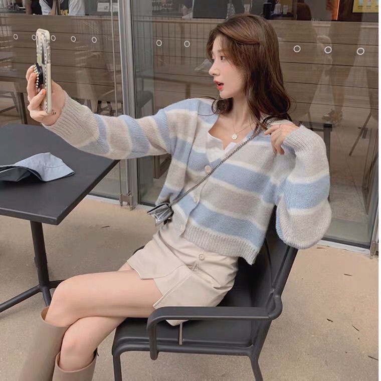 Áo cardigan Dệt Kim Kẻ Sọc Tay Dài Phong Cách Hàn Quốc Thời Trang Mùa Hè Cho Nữ