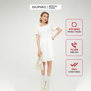 Đầm nữ babydoll phối nút GUMAC màu trắng tay ngắn DB516