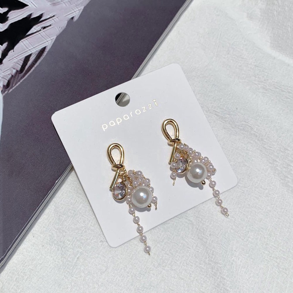 Korean Sweet Fashion Women Crystal Pearl Tassel Pendant Earrings Women Anting Studs