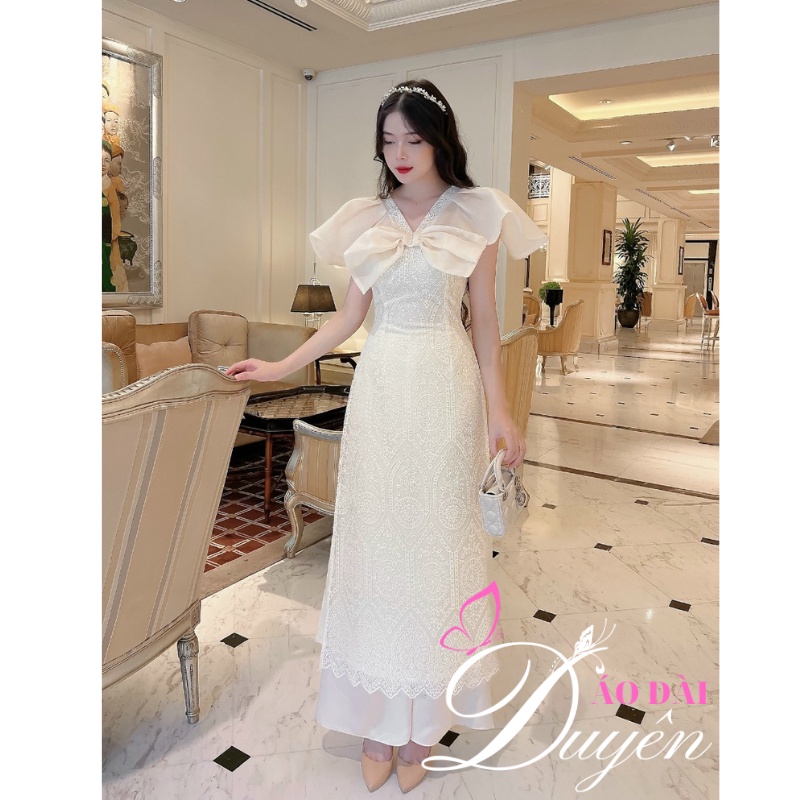 Áo dài cách tân vải ren cổ kết nơ siêu đẹp hàng thiết kế