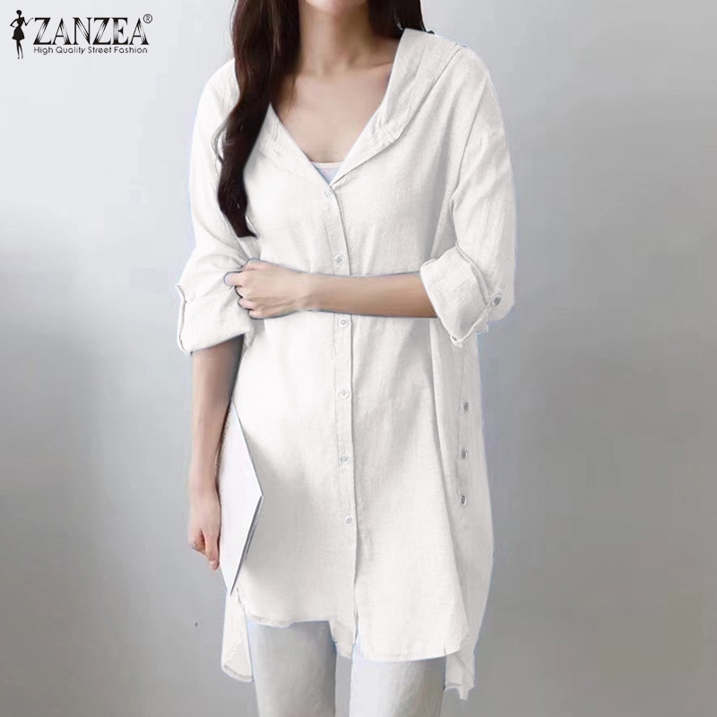 ZANZEA Áo Kiểu Dài Tay Có Mũ Trùm Đầu Phối Nút Xẻ Tà Thời Trang Cho Nữ