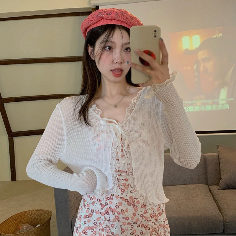 Áo Croptop Tay Dài Thiết Kế Cột Dây Phong Cách Hàn Quốc Cho Nữ