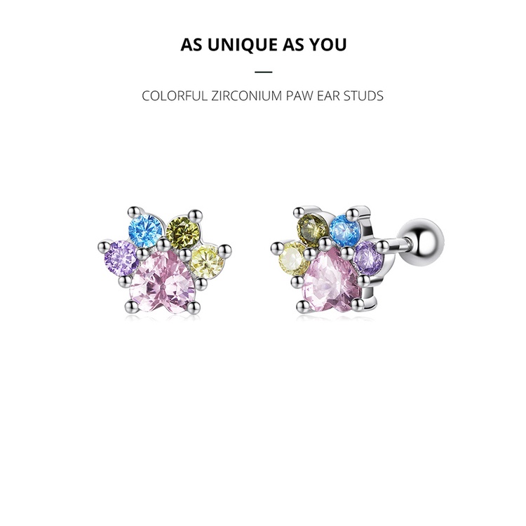 Bông tai Bamoer SCE1334 bằng bạc S925 hình dấu chân động vật đính đá Zircon nhiều màu thời trang cho nữ