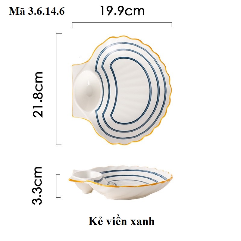 Đĩa sứ hình con sò kèm ngăn đựng nước chấm 2in1 men lam phong cách Nhật, phụ kiên bàn ăn 3.6.14.6