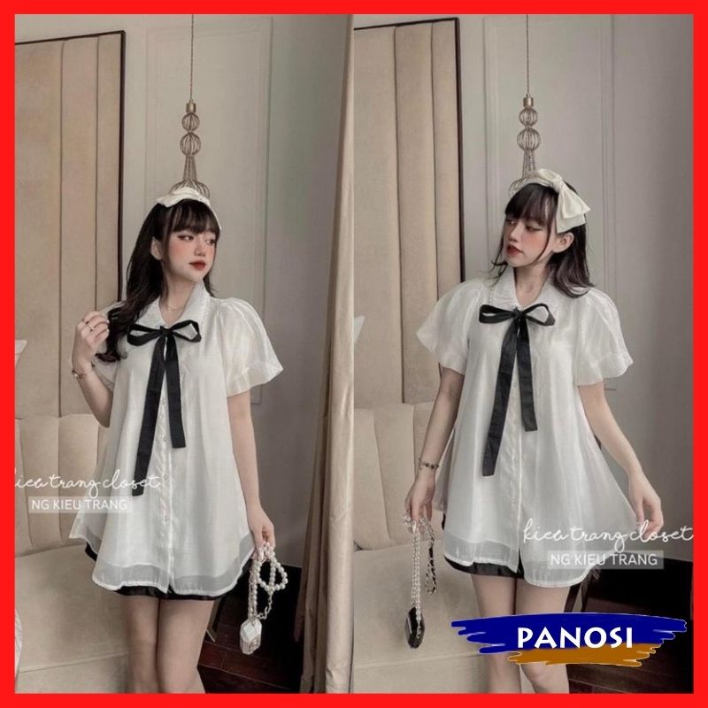Áo kiểu sơ mi nữ babydoll màu trắng phối ren cổ nơ chất tơ mềm mại 2 lớp PANOSI - Mã A627
