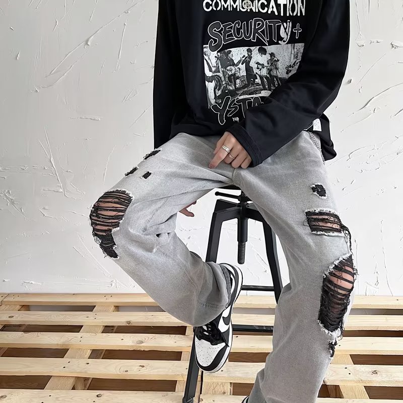 Quần jeans Rách Thời Trang Hip Hop Đường Phố Hàn Quốc Dành Cho Nam S-3XL