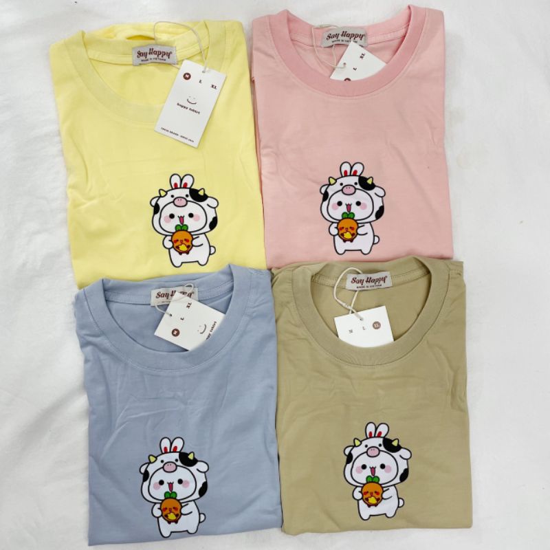 🍃 Áo Thun Say Happy Ép Decal Thỏ 🍃