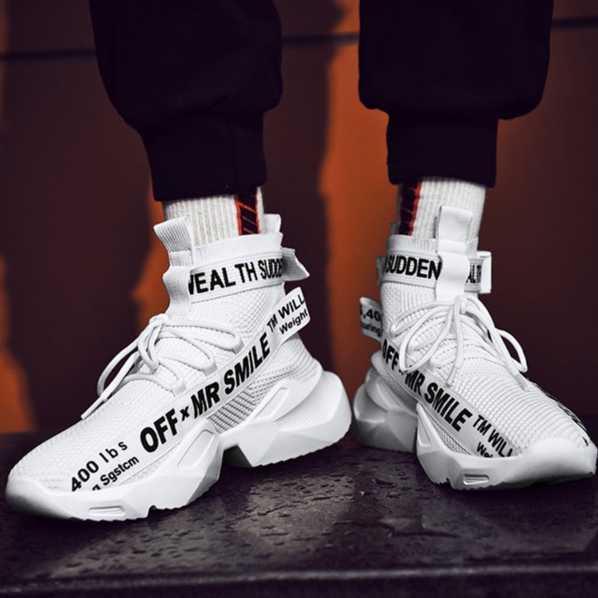 TẶNG lót tăng chiều cao_Giày nam sneaker cao cổ thể thao cao cấp vải lưới đế siêu cao dáng Hàn Quốc giaynam-A93 trắng