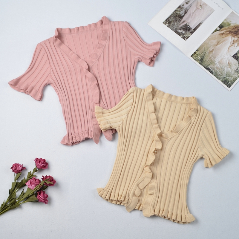 Áo ôm dáng ngắn tay cổ chữ V phong cách thời trang mùa hè dành cho nữ