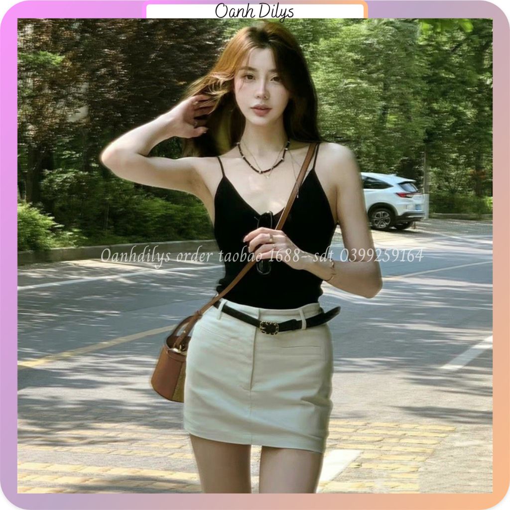Sét áo 2 dây dệt len + chân váy kaki be sexy phong cách thời trang Hàn Quốc order Taobao nhà OANH DILYS