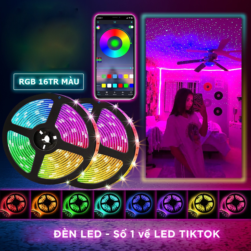 Đèn led Tiktok 5m RGB 16 Triệu Màu Điều Khiển Bằng Điện Thoại, Nháy Theo Nhạc, Combo Dây Led Đổi Màu Kèm Dây Kết Nối