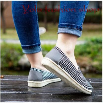 [Hình thật] GL4 Giày lười slip on nữ kẻ caro bọc cói vintage thời trang | WebRaoVat - webraovat.net.vn