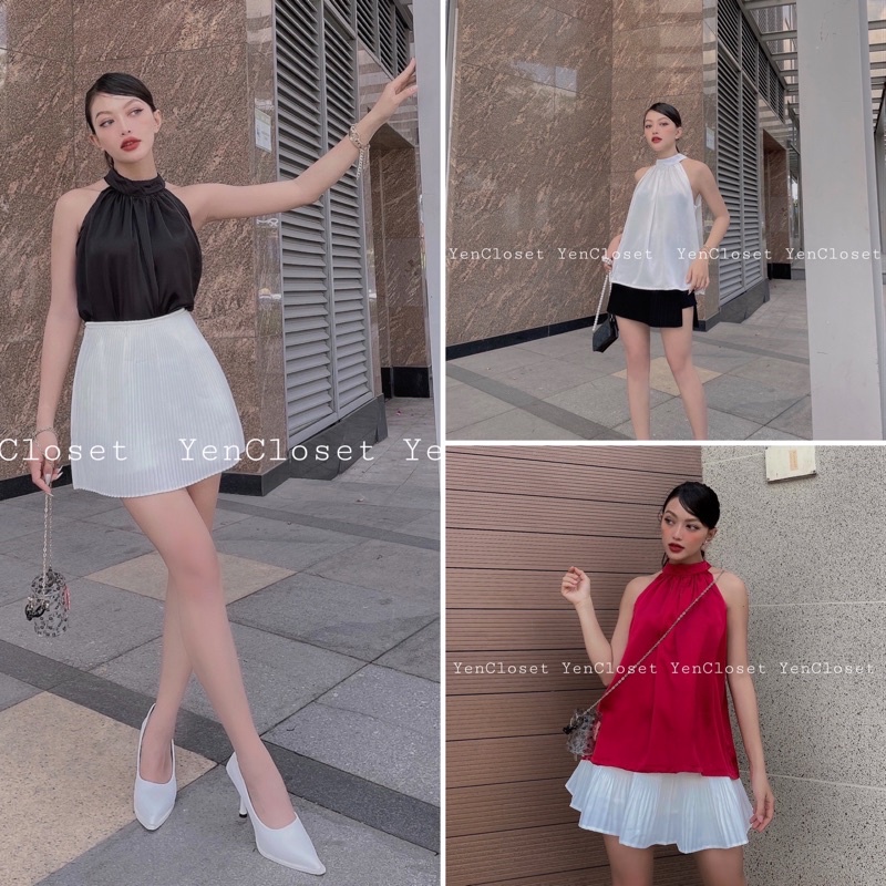 [FREESHIP] Hình chính chủ YenCloset kèm feedback của khách - Áo yếm lụa sang chảnh và chân váy dập ly hàng thiết kế