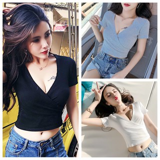 Áo Croptop cổ chữ V tay ngắn thiết kế màu trơn trẻ trung xinh xắn cho nữ
