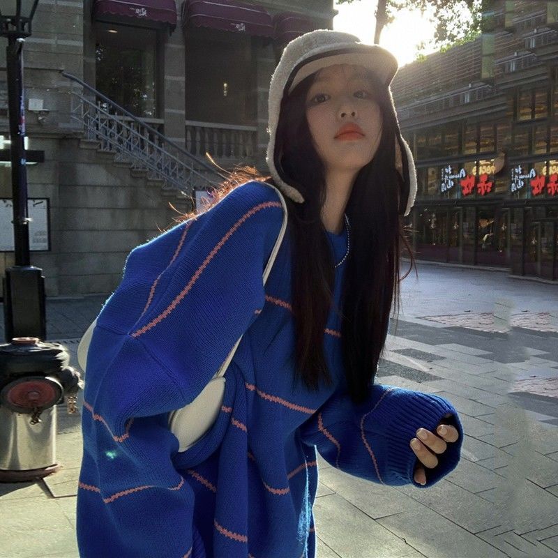 Áo Sweater Dệt Kim Dáng Rộng Kẻ Sọc Mềm Mại Thời Trang Mùa Đông 2022bf Cho Nữ