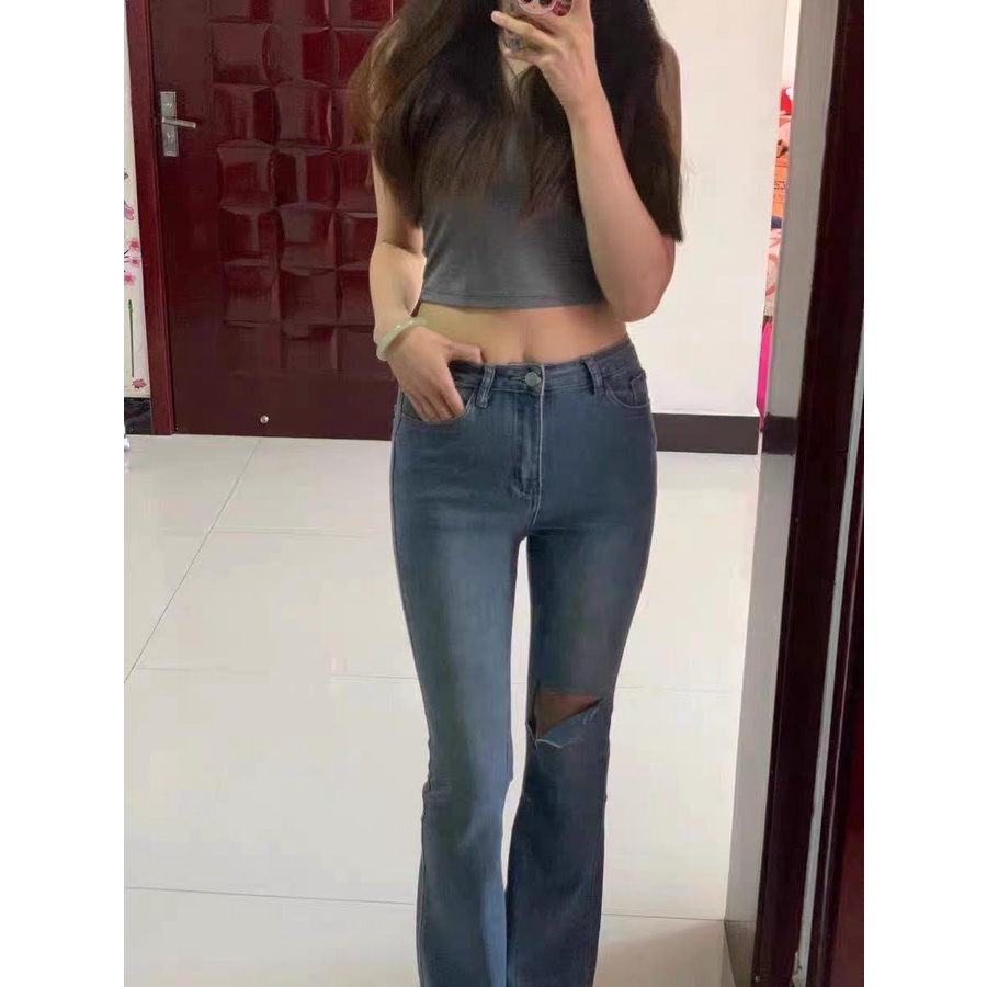 Quần jean ống loe rách xẻ nữ có BIGSIZE - quần bò denim  ống loe nữ cạp cao co dãn siêu hack chân phong cách ulzzang