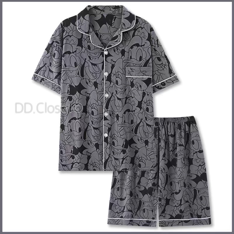 Bộ đồ ngủ pijama nữ cộc tay quần đùi chất lụa Kate Thái mềm mịn màu xám họa tiết chuột mickey đáng yêu - CD0027