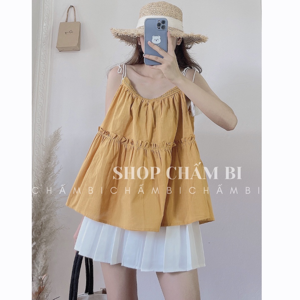 Áo hai dây nữ A.235, Áo babydoll dáng xòe thắt dây nơ chuông cổ yếm bèo ngực style Hàn Quốc