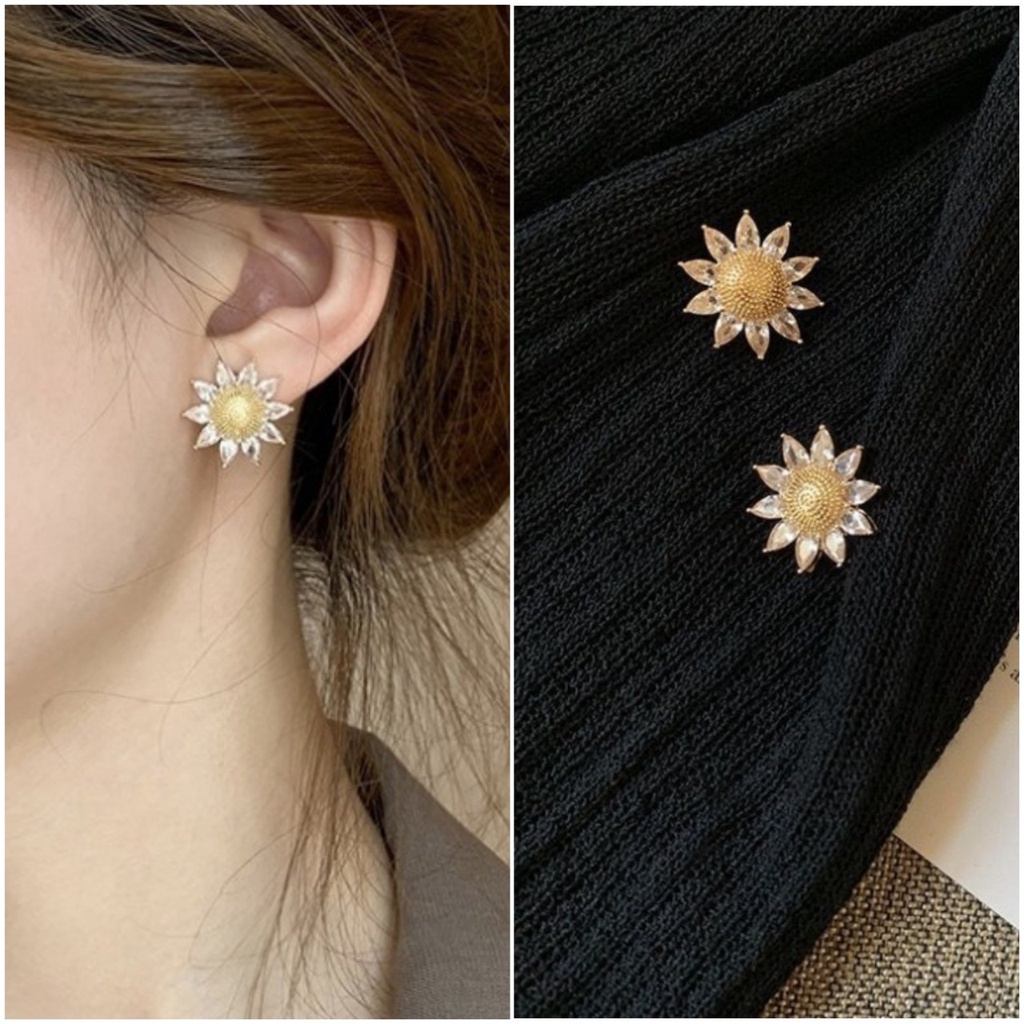 📛 RẺ VÔ ĐỊCH 📛 Khuyên bông tai hoa hướng dương đá màu trắng cao cấp sang chảnh hottrend phong cách hàn quốc