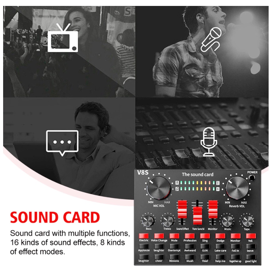 Sound Card Thu Âm Livestream V8S+ - Phiên Bản Nâng Cấp Cực Hay Của V8 - 16 Hiệu Ứng - Có Auto Tune - Bluetooth