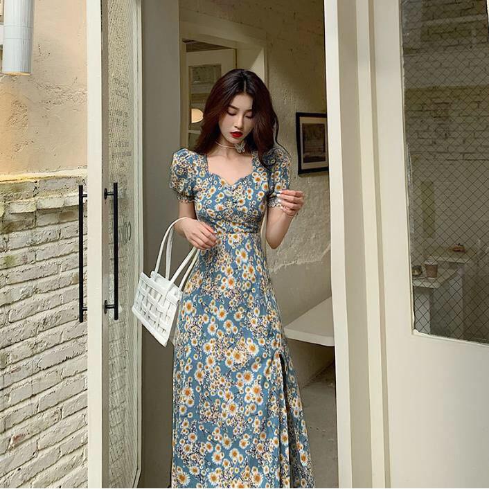 Đầm Đầm Dáng Xòe Đáng Yêu | Đầm Xoè Hoa Cổ Lục Giác Tay Phồng