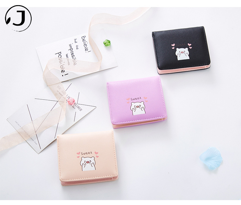 KAITIFEI Ví Ngắn Dạng Gập Thiết Kế Nhiều Ngăn Họa Tiết Chú Lợn Thời Trang Cho Nữ