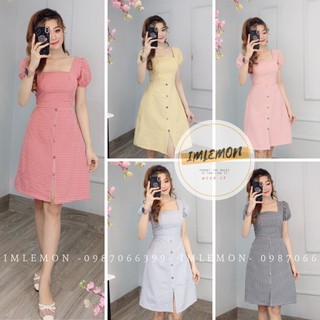 Váy đầm nữ ulzzang - cổ vuông tay phồng nút gỗ tiểu thư maccy, bo eo siêu đẹp