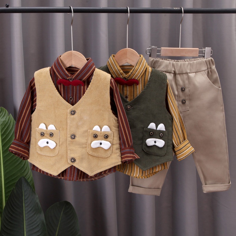 Bộ 3 món Áo vest BEAR LEADER có túi hình thỏ + Áo sơ mi sọc nơ + Quần dài phong cách Hàn Quốc cho bé trai 1-5 tuổi