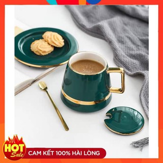 (VIDEO TỰ QUAY)Bộ cốc cafe ⭐𝑭𝑹𝑬𝑬 𝑺𝑯𝑰𝑷⭐cốc cafe đẹp bằng sứ có nắp, đĩa, tiện lợi tặng kèm thìa inox