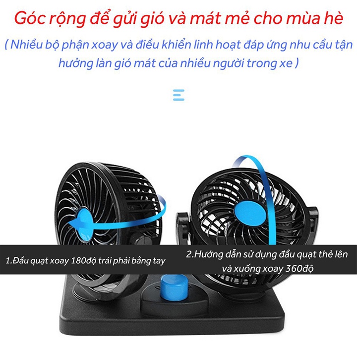 Quạt Máy đôi Mini 12v Xoay 360 Tiện ích Trên ô Tô, Xe Hơi Cao Cấp