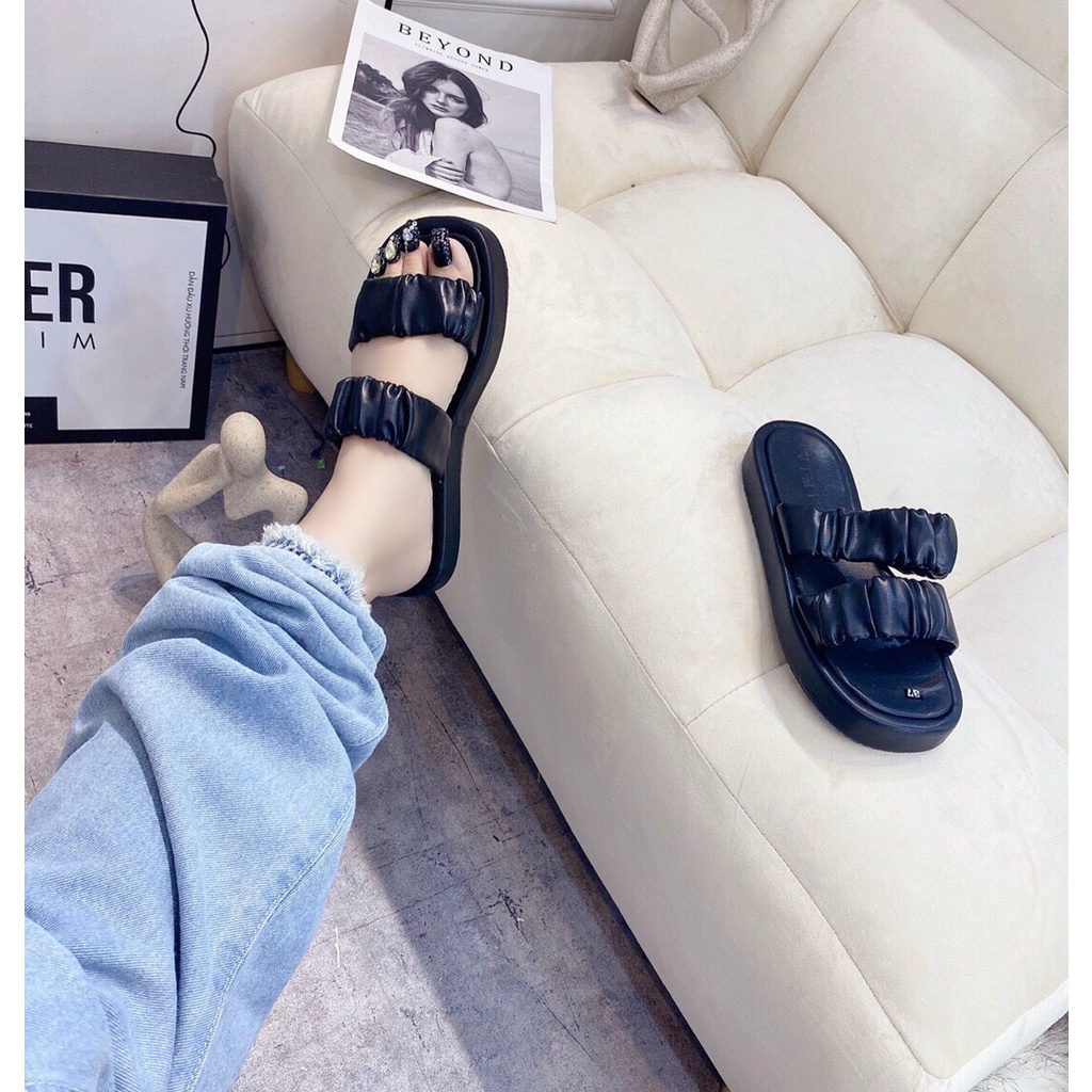 Dép quai ngang nữ , dép lê nữ đế xuồng bánh mì độn siêu nhẹ, quai nhún phồng thiết kế trẻ trung phong cách ulzzang