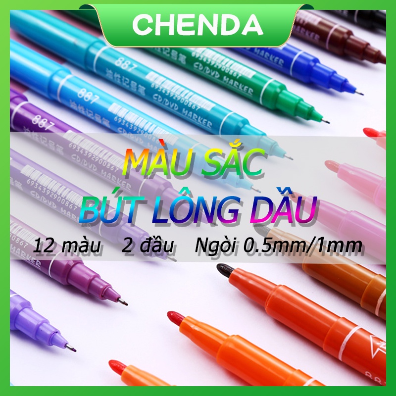 Bút lông dầu - Bút dạ kính viết đĩa CD Mo120 cao cấp màu 12 màu-2 đầu - không xóa được dùng cho văn phòng Trường học