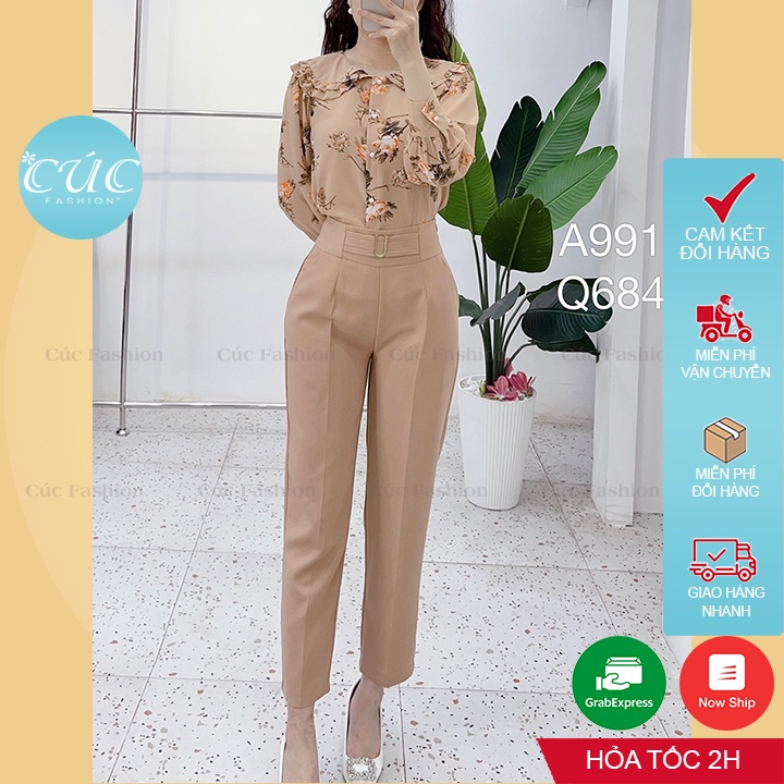 Quần baggy nữ CÚC FASHION begy lưng cạp cao vải tây from dài đẹp thời trang âu công sở màu đen đi học khuy chữ U Q684