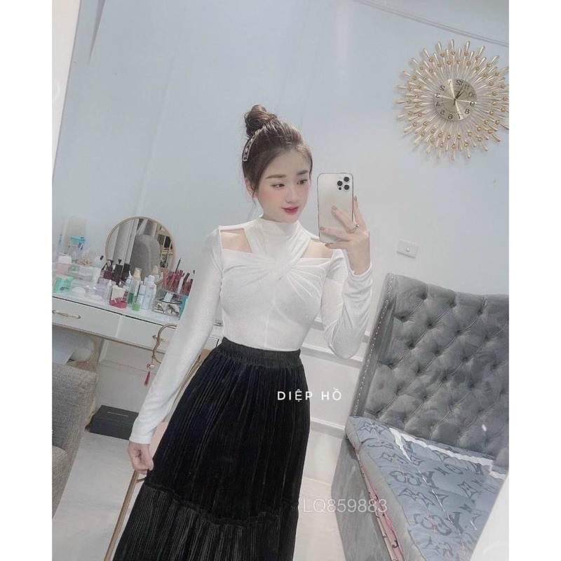 Áo kiểu tay dài xoắn cổ hở quoai xanh cực xinh , chất thun bozip mềm mịn