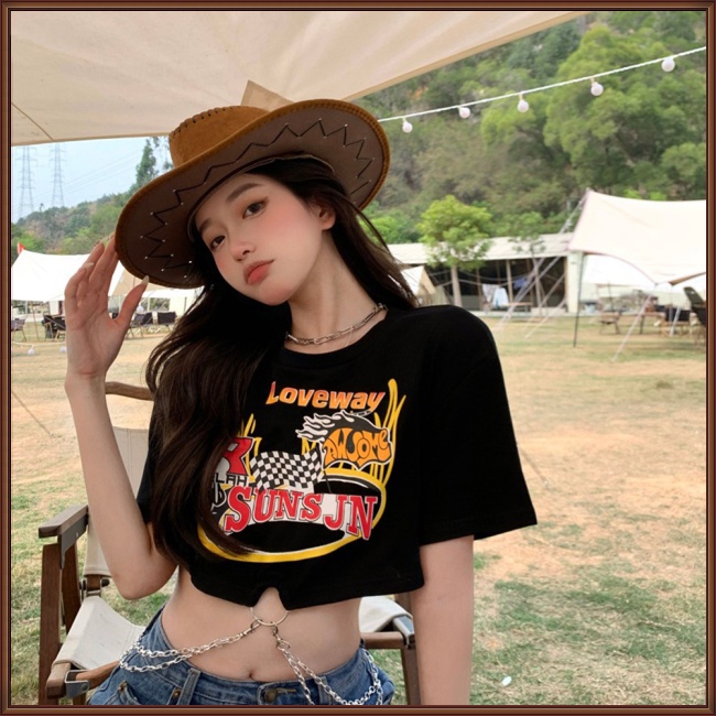 Áo Thun Crop Top Tay Ngắn Cổ Tròn Phối Dây Xích Thời Trang Mùa Hè Quyến Rũ Cho Nữ