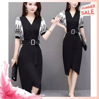Đầm phối voan họa tiết kèm bell msp280 - váy lụa voan công sở tay ngắn phối sang trọng cho nàng văn phòng