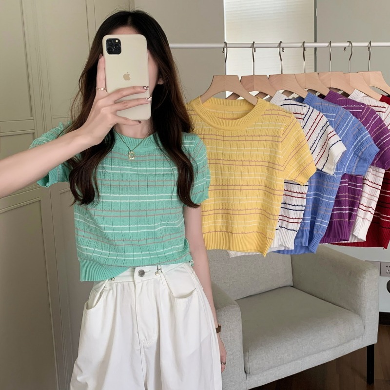 Áo croptop nữ tay ngắn ôm body 2021, áo kiểu nữ đẹp nhiều màu kẻ cổ tròn sang chảnh thời trang hàn quốc