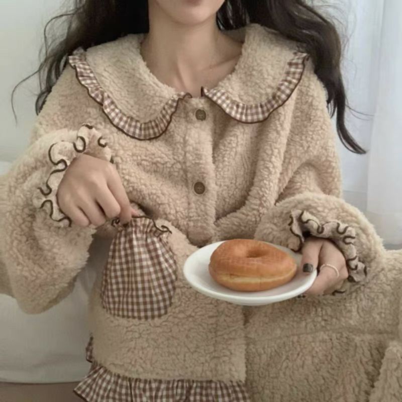 Bộ Ngủ nữ lông Phối Túi Kẻ Caro💜chất lông mịn, ấm áp, giữ nhiệt tốt💜Bộ thu đông mặc nhà☘️Hàng loại 1☘️2 lớp🌸Unisex <50kg