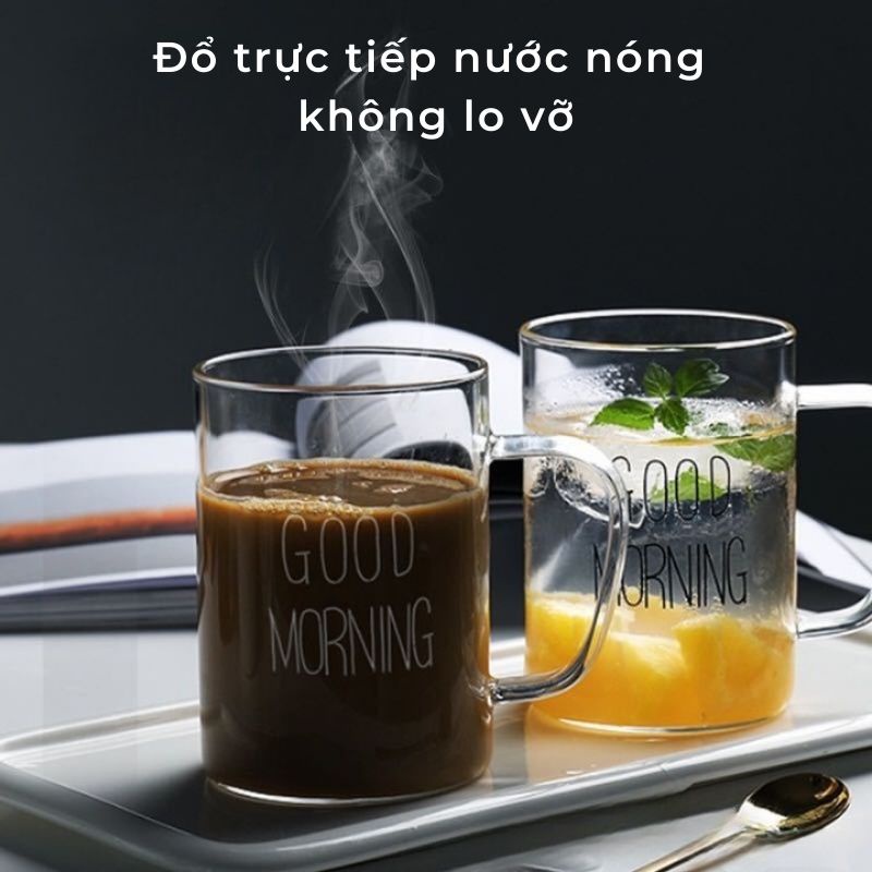 Ly thủy tinh chịu nhiệt uống nước dễ thương GOOD MORNING trụ tròn cốc thủy tinh cute trong suốt - Shop28Decor.com