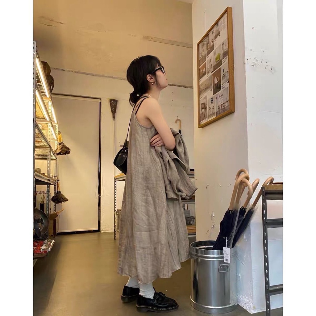 Bộ Áo + Chân Váy Cotton Lanh Cài Khuy Thoải Mái Phong Cách Nhật Bản