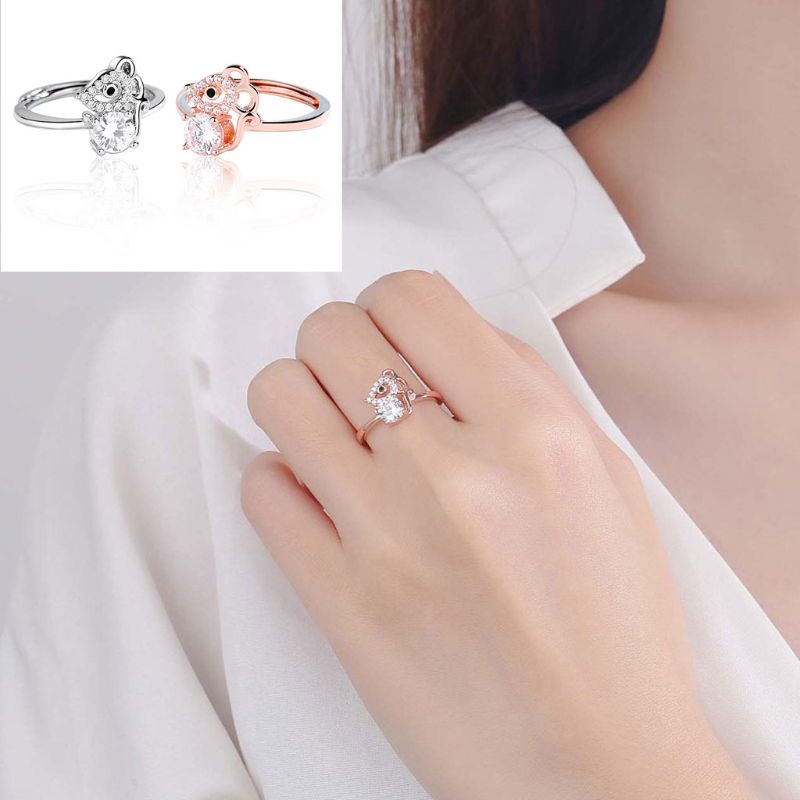 OUT 2020 New Year Mascot Crystal Mouse Charm Ring Adjustable Attract Wealth Lucky Cute Rat Ring Band Fashion Jewelry